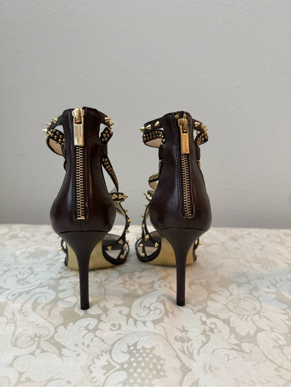 Stunning Michael Kors Brown Studded Crystal Leather Heels Sandals 8.5M (NWOB)